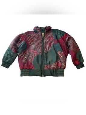 Vintage IZZI 90s Multicolor Collage Paisley Green Maroon Puffer Winter Coat M